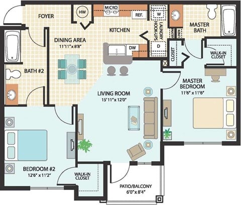 Floor plan for 2 beds, 2 baths, 974 sqft